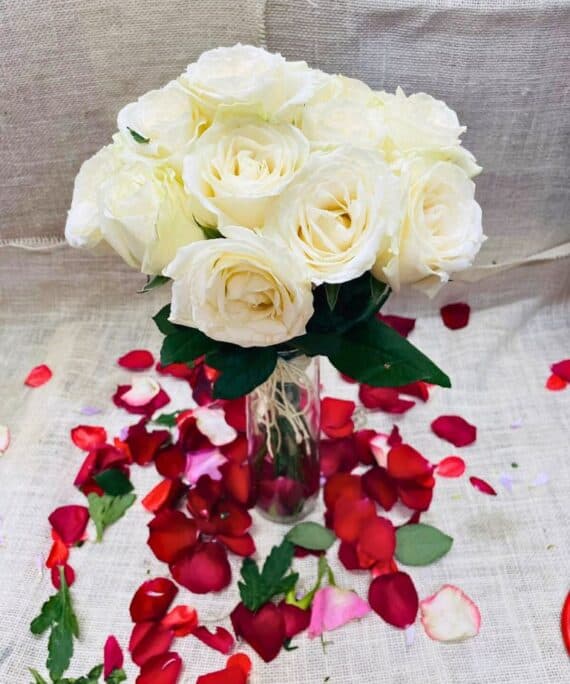 White Roses in Glass Vase