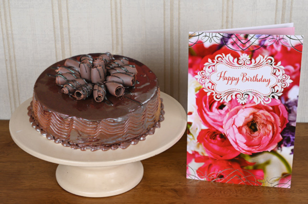 chocolate cake and greeting card