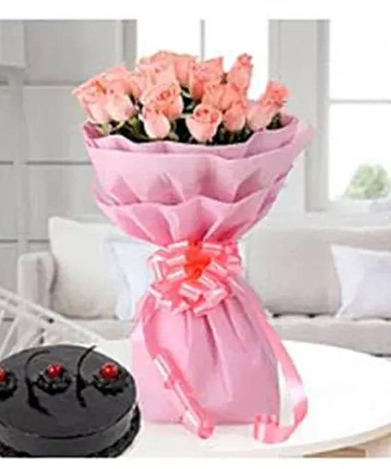 pink roses with chocolate cake