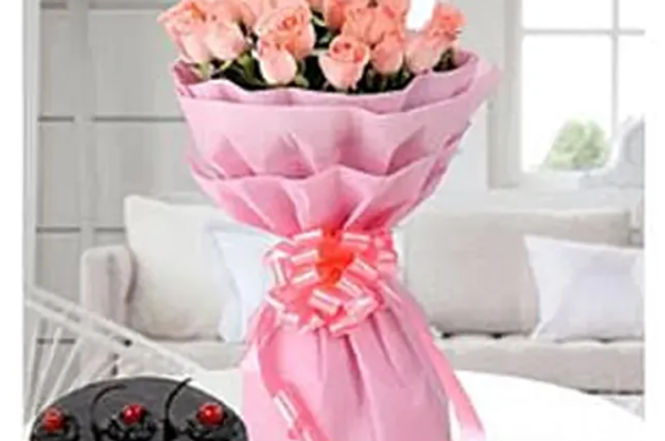 pink roses with chocolate cake