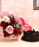 mixed roses with chocolate cake