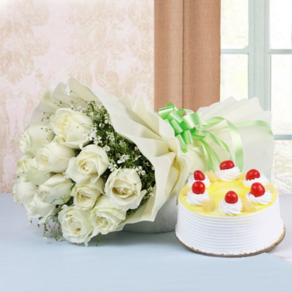 white Roses & Cake Combo