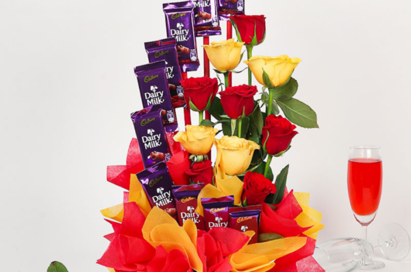 dairy milk and roses combo bouquet