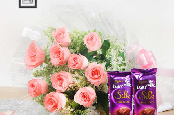 pink roses with dairy milk silk