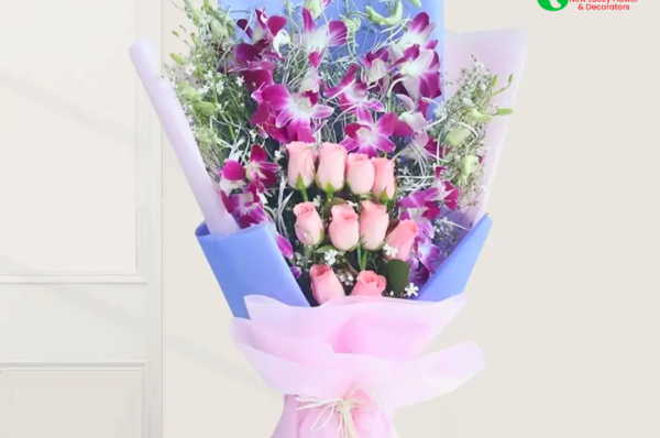 pink roses and purple orchids bunch
