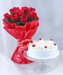 red rose bouquet with cake
