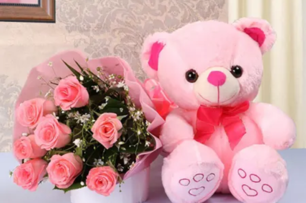 pink rose bouquet with teddy