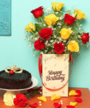 yellow and red rose bouquet with cake