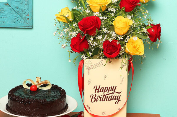 yellow and red rose bouquet with cake