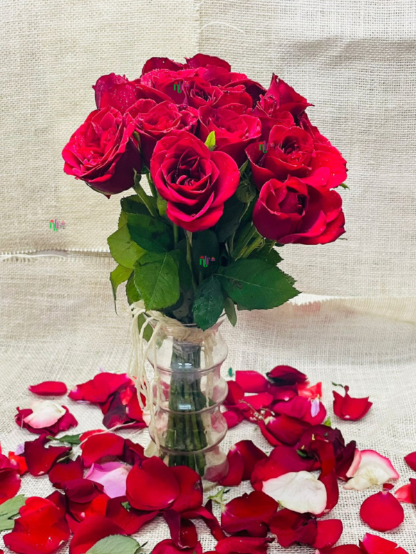 Red Roses with Glass Vase