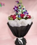 Black & White Wrapped Red Roses with Blue Orchids
