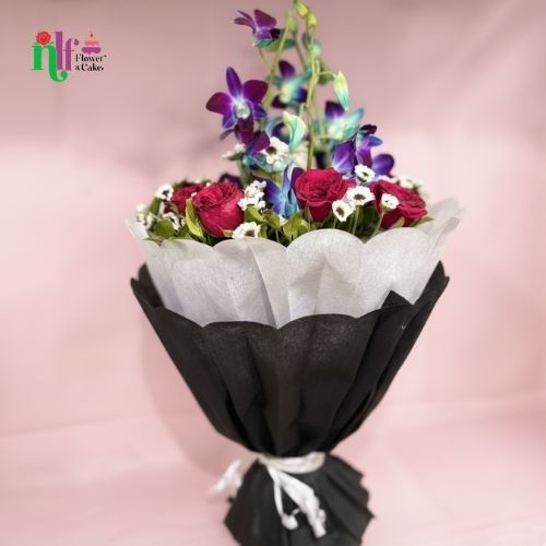 Black & White Wrapped Red Roses with Blue Orchids