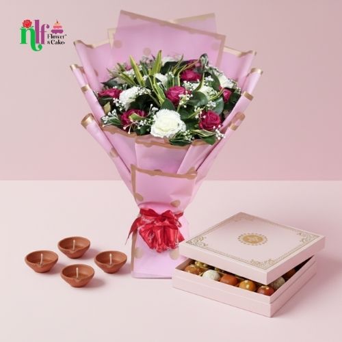 Diwali Flowers & Mithai Hamper with Diyas